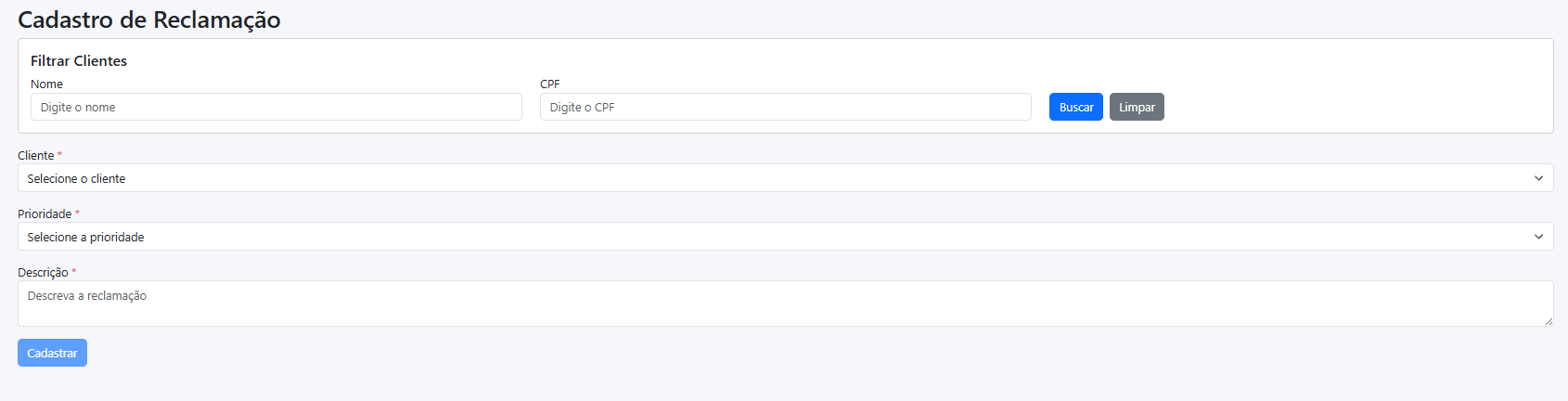Cadastro Reclamações